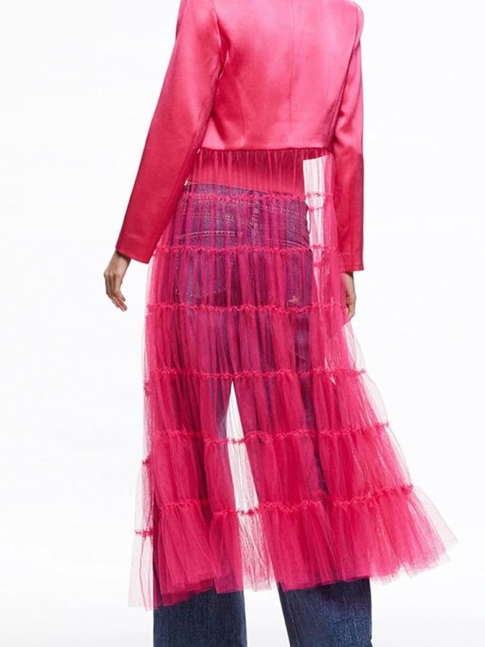 Hot Pink Long Sheer Tulle Blazer Jacket - Picture 3 of 9